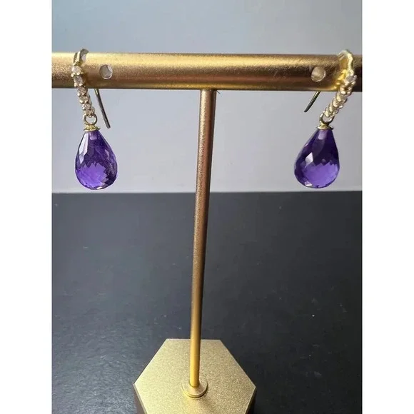 14k gold amethyst briolette and diamond dangle earrings